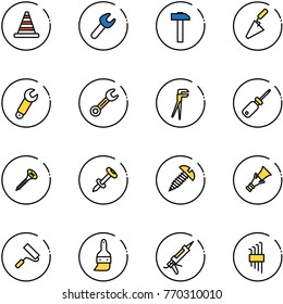 line vector icon set - road cone vector, wrench, hammer, trowel, plumber, screwdriver, screw, nail dowel, paint roller, brush, gun sealant, allen key set