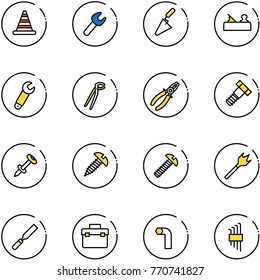 line vector icon set - road cone vector, wrench, trowel, jointer, plumber, pliers, bolt, nail dowel, screw, wood drill, rasp, tool box, allen key, set