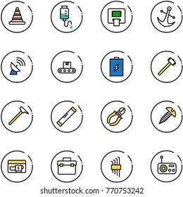 line vector icon set - road cone vector, drop counter, atm, anchor, satellite antenna, conveyor, battery, sledgehammer, mason hammer, level, side cutters, screw, generator, tool box, allen key set