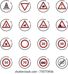 line vector icon set - road cone vector, giving way sign, tractor, traffic light, pedestrian, railway intersection, side wind, gravel, prohibition, speed limit 20, 30, 50, 70, no bus, end