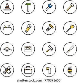 line vector icon set - road cone vector, work, wrench, sledgehammer, jointer, bolt, wood drill, jack, tool box, paint roller, rasp, screwdriver, allen key, set