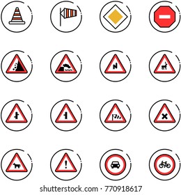 line vector icon set - road cone vector, side wind, main sign, no way, landslide, embankment, abrupt turn right, wild animals, intersection, railway, cow, attention, car, bike