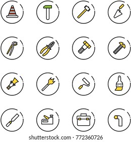 line vector icon set - road cone vector, work, sledgehammer, trowel, plumber, pliers, bolt, screw, dowel, wood drill, paint roller, brush, rasp, stapler, tool box, allen key