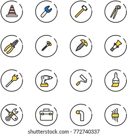 line vector icon set - road cone vector, wrench, sledgehammer, plumber, pliers, screw, dowel, wood drill, paint roller, brush, screwdriver, tool box, allen key, set