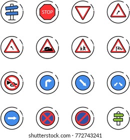 line vector icon set - road signpost vector sign, stop, giving way, turn right, left, climb, children, side wind, no horn, only, detour, parking