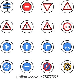 line vector icon set - road signpost vector sign, no way, giving, turn left, tunnel, intersection, overtake, only forward right, detour, circle, parking even, hand wheel