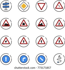 line vector icon set - road signpost vector sign, main, giving way, turn left, climb, tunnel, steep roadside, pedestrian, abrupt right, intersection, only forward, detour, trip