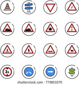 line vector icon set - road cone vector, signpost sign, giving way, turn right, climb, steep descent, tunnel, traffic light, pedestrian, intersection, rough, cow, limited height, detour, only