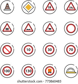 line vector icon set - road cone vector, main sign, oncoming traffic, side wind, railway intersection, rough, cow, prohibition, speed limit 10, 30, 70, 100, 130, no dangerous cargo