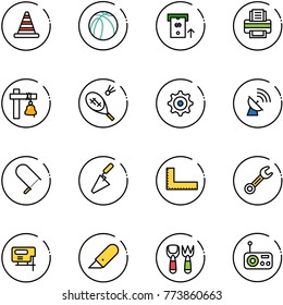 line vector icon set - road cone vector, basketball ball, atm, printer, ship bell, badminton, gear, satellite antenna, fretsaw, trowel, corner ruler, wrench, jig saw, work knife, shovel fork toy