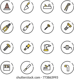 line vector icon set - road cone vector, trowel, jointer, plumber, pliers, screwdriver, screw, bolt, dowel, drill, jack, tool box, rasp, stapler, allen key