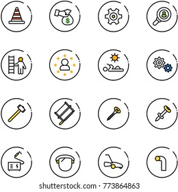 line vector icon set - road cone vector, encashment, gear, head hunter, opportunity, star man, reading, sledgehammer, bucksaw, screw, nail dowel, welding, protect glass, lawn mower, allen key