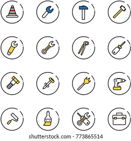 line vector icon set - road cone vector, wrench, hammer, sledgehammer, plumber, screwdriver, bolt, nail dowel, wood drill, paint roller, brush, tool box