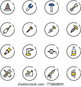 line vector icon set - road cone vector, wrench, hammer, screwdriver, screw, nail dowel, drill, jack, brush, stapler, gun sealant, allen key set