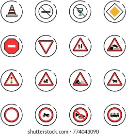 line vector icon set - road cone vector, no smoking sign, alcohol, main, way, giving, oncoming traffic, embankment, light, railway intersection, gravel, cow, prohibition, moto, horn, bus