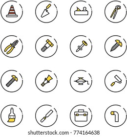 line vector icon set - road cone vector, trowel, jointer, plumber, pliers, bolt, nail dowel, screw, jack, paint roller, brush, rasp, tool box, allen key