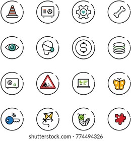 line vector icon set - road cone vector, safe, heart gear, broken bone, eye, medical mask, dollar coin, gravel sign, statistics monitor, butterfly, wireless key, kite, toy caterpillar, puzzle