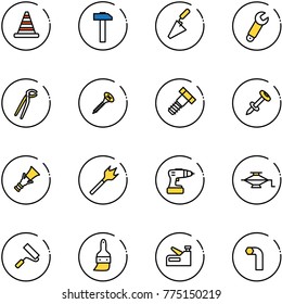 line vector icon set - road cone vector, hammer, trowel, wrench, plumber, screw, bolt, nail dowel, wood drill, jack, paint roller, brush, stapler, allen key