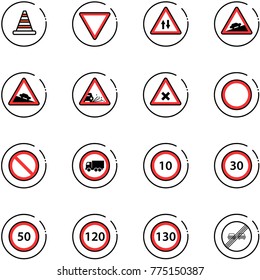 line vector icon set - road cone vector, giving way sign, oncoming traffic, climb, steep descent, gravel, railway intersection, prohibition, no truck, speed limit 10, 30, 50, 120, 130, end overtake
