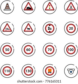 line vector icon set - road cone vector, climb sign, traffic light, pedestrian, side wind, cow, limited height, speed limit 20, 50, 60, 70, 100, 110, 130, no dangerous cargo, surveillance camera