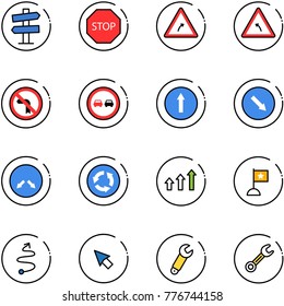 line vector icon set - road signpost vector sign, stop, turn right, left, no, overtake, only forward, detour, circle, arrows up, flag, trip, cursor, wrench