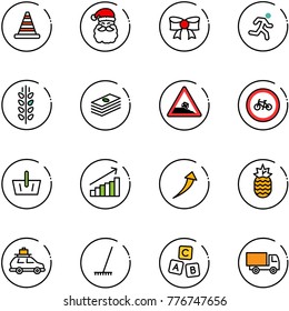 line vector icon set - road cone vector, santa claus, bow, run, spica, dollar, steep roadside sign, no bike, basket, growth, pineapple, car baggage, rake, abc cube, truck toy