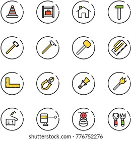 Line Vector Icon Set - Road Cone Vector, Baggage Room, Home, Work, Sledgehammer, Mason Hammer, Rubber, Trowel, Corner Ruler, Side Cutters, Dowel, Wood Drill, Welding, Laser Lever, Pyramid Toy