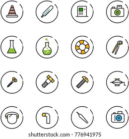 line vector icon set - road cone vector, thermometer, atm, camera, flask, round, lifebuoy, plumber, screw, bolt, jack, protect glass, allen key, forceps