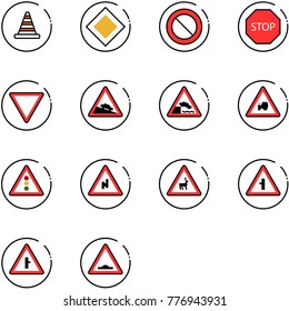 line vector icon set - road cone vector, main sign, prohibition, stop, giving way, steep descent, embankment, tractor, traffic light, abrupt turn right, wild animals, intersection