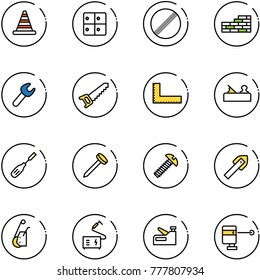 line vector icon set - road cone vector, baggage room, no limit sign, brick wall, wrench, saw, corner ruler, jointer, chisel, nail, screw, tile drill, winch, welding, stapler, laser lever