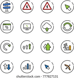 line vector icon set - road signpost vector sign, intersection, cursor, browser, monitor, upload cloud, refresh, redo, arrows up, arrow, career, down, chart, bow