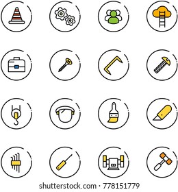 line vector icon set - road cone vector, gears, group, cloud ladder, case, screw, staple, winch, protect glass, brush, work knife, allen key set, awl, sharpening, toy hammer