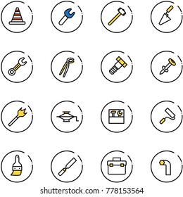 line vector icon set - road cone vector, wrench, sledgehammer, trowel, plumber, bolt, nail dowel, wood drill, jack, tool box, paint roller, brush, rasp, allen key