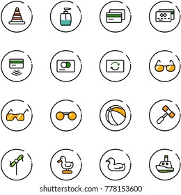 line vector icon set - road cone vector, liquid soap, credit card, tap pay, exchange, sunglasses, ball, toy hammer, windmill, duck, boat