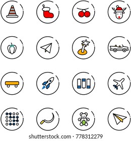 line vector icon set - road cone vector, christmas sock, rowanberry, deer hat, sweet pepper, paper fly, palm, cabrio, skateboard, rocket, battery, plane, circuit, sickle, bear toy