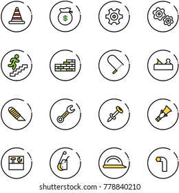 line vector icon set - road cone vector, money bag, gear, gears, career, brick wall, fretsaw, jointer, work knife, wrench, nail dowel, tool box, winch, construction helmet, allen key