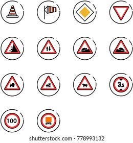 line vector icon set - road cone vector, side wind, main sign, giving way, landslide, oncoming traffic, climb, steep descent, tractor, railway intersection, cow, limited height, speed limit 100
