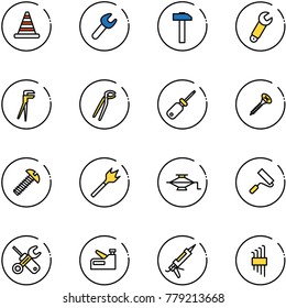 line vector icon set - road cone vector, wrench, hammer, plumber, screwdriver, screw, wood drill, jack, paint roller, stapler, gun sealant, allen key set