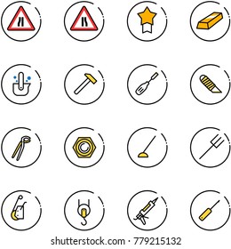 line vector icon set - Road narrows vector sign, star medal, gold, casting of steel, hammer, chisel, work knife, plumber, nut, hoe, farm fork, winch, gun sealant, awl