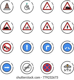 line vector icon set - road cone vector, disabled, turn right sign, climb, steep descent, children, intersection, no horn, only forward, detour, end overtake limit, stop, outdoor cafe