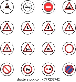 line vector icon set - road cone vector, no smoking sign, way, steep roadside, wild animals, intersection, side wind, railway, prohibition, moto, overtake, parking