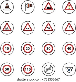 line vector icon set - road cone vector, side wind, climb sign, traffic light, children, rough, cow, attention, speed limit 10, 20, 30, 40, 50, 110, end overtake, surveillance camera