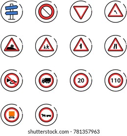 line vector icon set - road signpost vector sign, prohibition, giving way, turn left, steep roadside, children, intersection, narrows, no horn, truck, speed limit 20, 110, dangerous cargo