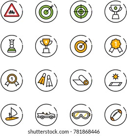 line vector icon set - road for moto vector sign, target, cup, chess queen, win, gold medal, flippers, mat, windsurfing, cabrio, protective glasses, football