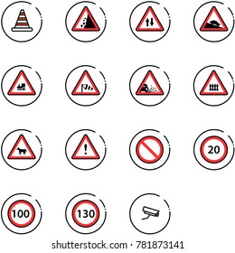 line vector icon set - road cone vector, landslide sign, oncoming traffic, steep descent, railway intersection, side wind, gravel, cow, attention, prohibition, speed limit 20, 100, 130