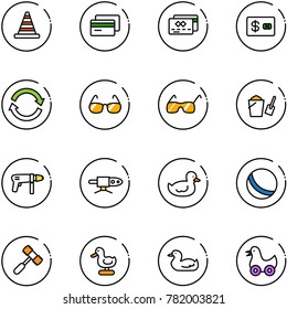 line vector icon set - road cone vector, credit card, refresh, sunglasses, bucket scoop, drill machine, pipe welding, duck toy, ball, hammer