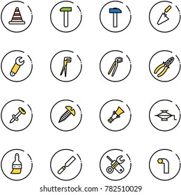 line vector icon set - road cone vector, work, hammer, trowel, wrench, plumber, pliers, nail dowel, screw, jack, brush, rasp, screwdriver, allen key