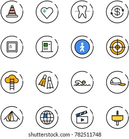 line vector icon set - road cone vector, heart, tooth, dollar exchange, safe, atm, pedestrian way sign, target, cloud ladder, flippers, swimming, cap, tent, globe, movie flap, crown drill