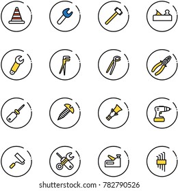 line vector icon set - road cone vector, wrench, sledgehammer, jointer, plumber, pliers, screwdriver, screw, dowel, drill, paint roller, stapler, allen key set