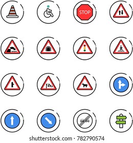line vector icon set - road cone vector, disabled, stop sign, oncoming traffic, embankment, tunnel, light, pedestrian, intersection, side wind, cow, only forward right, detour, end overtake limit